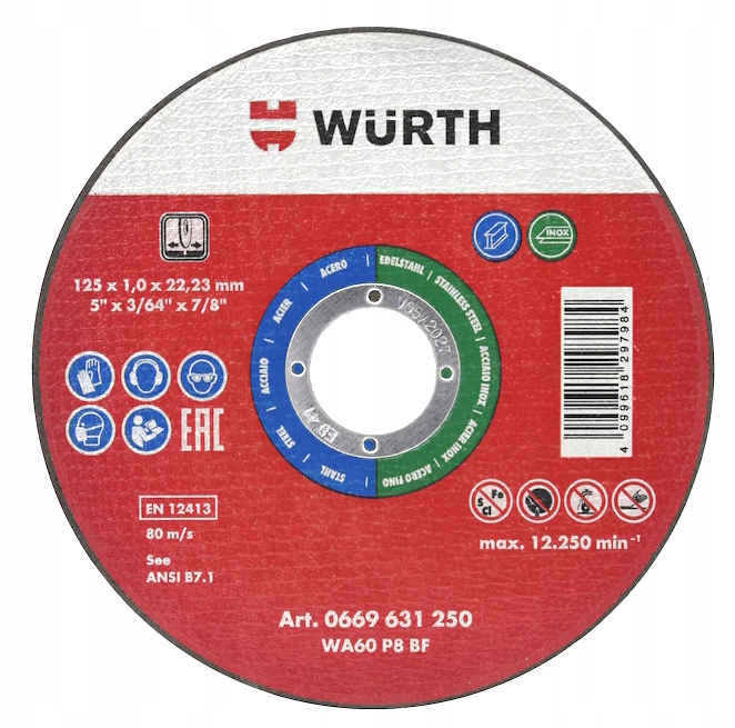 WURTH TARCZA TNĄCA DO CIĘCIA STALI INOX 125x1,0x22,23