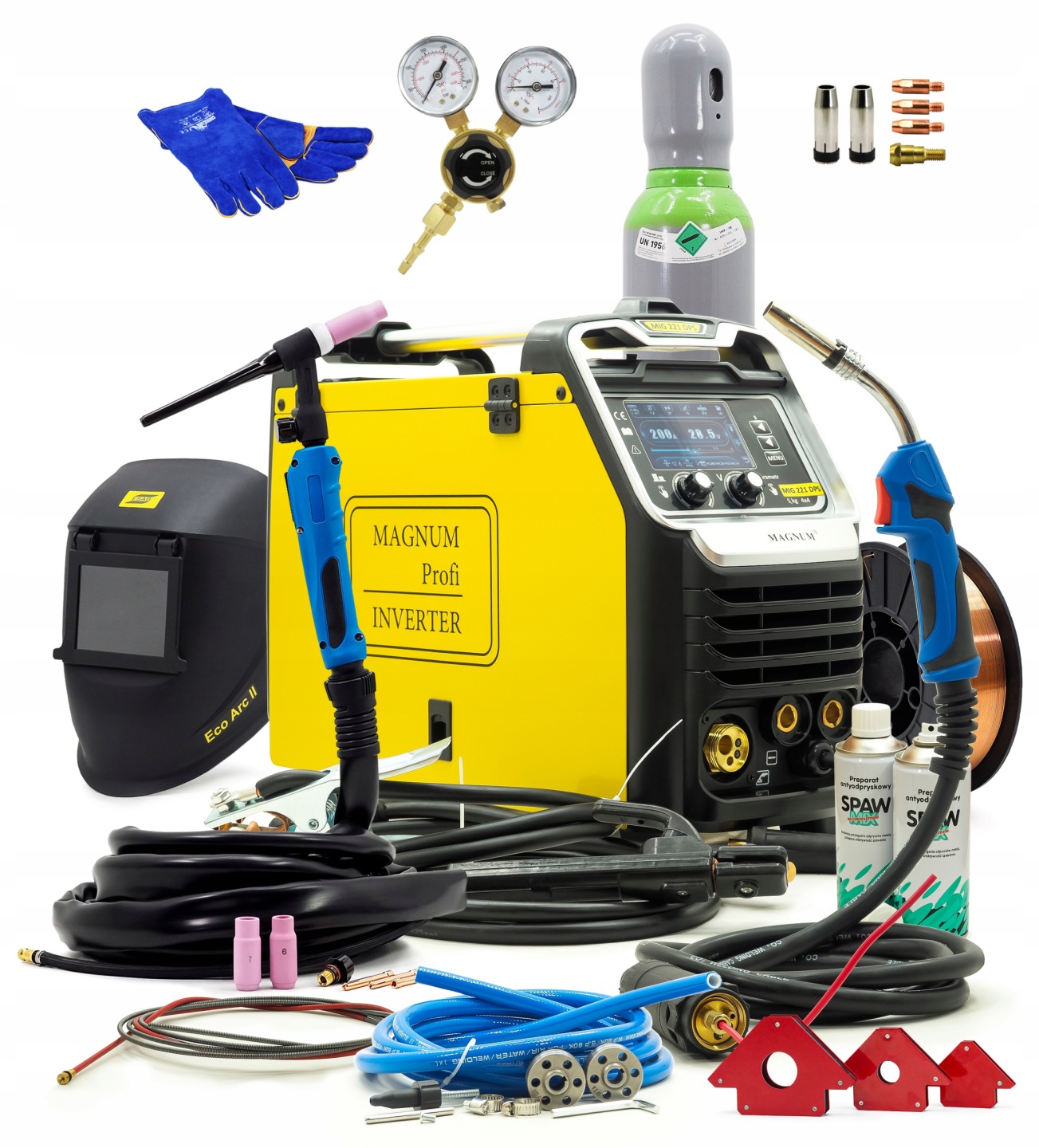 Zestaw spawarka MAGNUM MIG 221 DUAL PULS SYNERGIA 4x4 MMA 200A 230V PÓŁAUTOMAT butla uchwyt