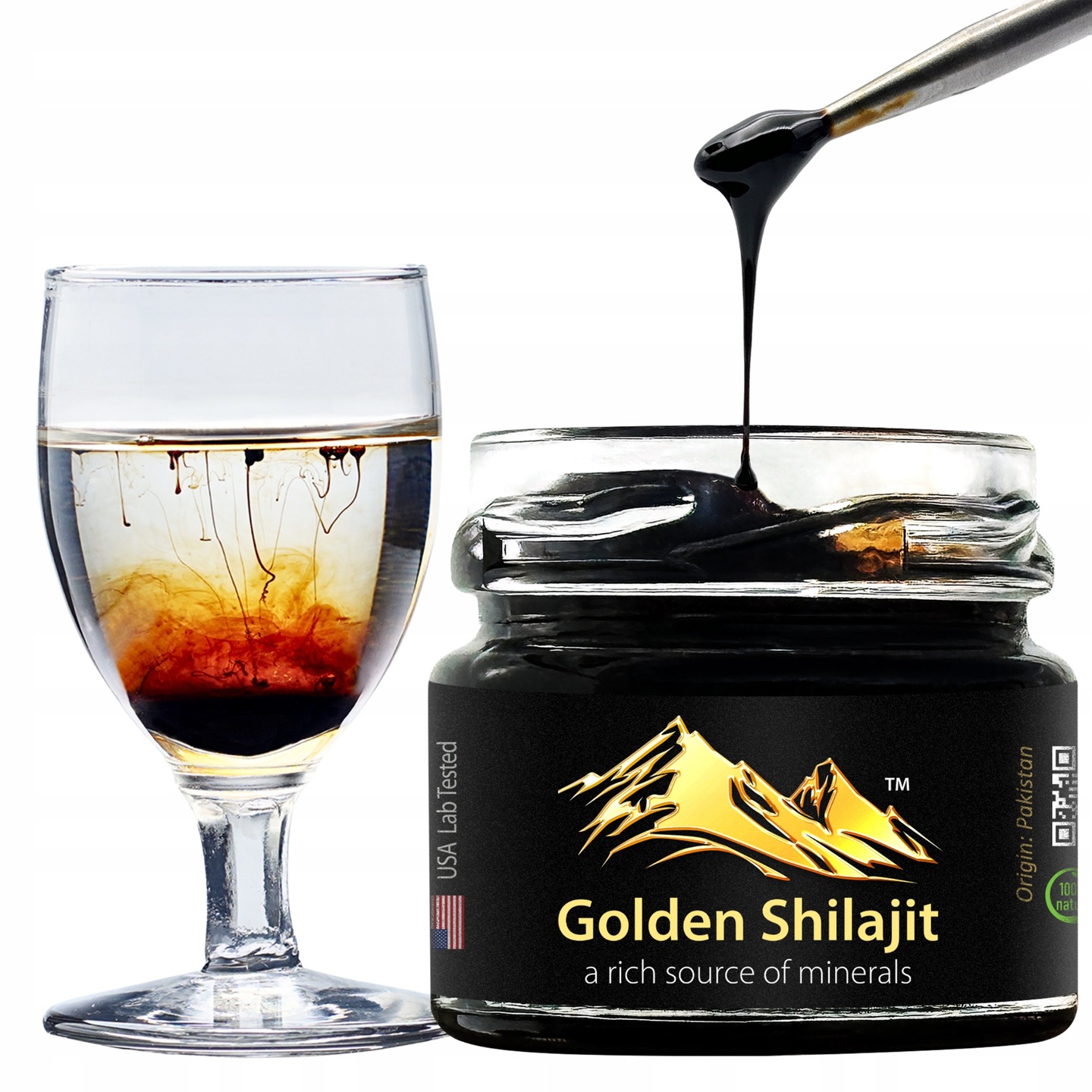 Liquid Shilajit is being poured in glass.