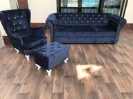 Sofa Chesterfield z kryształkami+ fotel +podnóżek