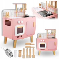 Drewniana kuchnia dla dzieci RETRO różowa kuchenka + akcesoria zabawki