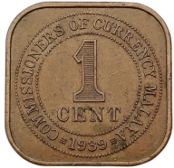 MALAYA 1 CENT 1939 ČTVEREC GEORGE VI TYP VĚTŠÍ