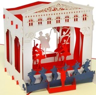 PIĘKNA POP-UP KARTKA 3D TEATR ZAPROSZENIE URODZINY GRATULACJE 15x15cm