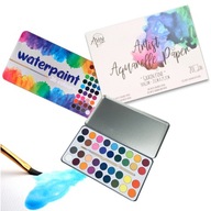 Sada 36 Akvarelových Farieb + Blok Skicovač A4 Vodné Farby Akvarely