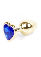 Złoty korek analny z niebieskim kryształem serce