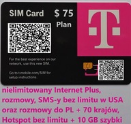 e SIM USA T-mobile Internet bez limitu, rozmowy i SMS do PL, Hotspot, 75 $