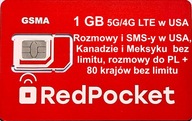 SIM USA Red Pocket - AT&T, Kanada/Meksyk 1 GB 4G LTE/5G, rozmowy do PL