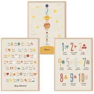 Zestaw 3 plakaty edukacyjne 30x40 A3 Montessori Alfabet Liczby Kosmos WZORY