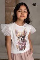 COCOE T-SHIRT BLUZKA DZIEWCZĘCA PIESEK TIUL PUDROWY RÓŻ chihuahua r 146-152