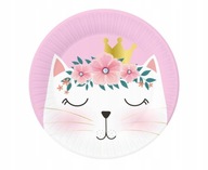 Talerzyki papierowe na urodziny 6 szt. 18 cm Kotek różowe urodzinowe