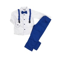 elegancki komplet dziecięcy niebieski 134 koszula mucha szelki spodnie