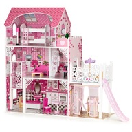 Duży drewniany domek dla lalek różowy z windą xxl zjeżdżalnia pałac zabawa