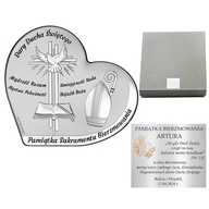 Srebrny obrazek serduszko z darami Ducha Świętego, sakrament bierzmowania