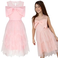 Piękna sukienka wizytowa różowa tiul kokarda wesele przyjęcie 110 116