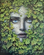Zaklęte piękno. Obraz olejny. Kobieta, natura, zieleń, liście.