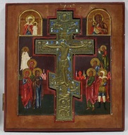XIXw Stara rosyjska ikona Sceny religijne z krzyżem 45x40cm