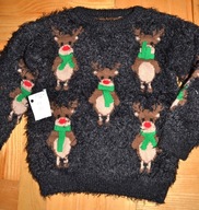 959^ nutmeg włochaty Świąteczny sweter Reniferki 5/6 lat_ 116 cm