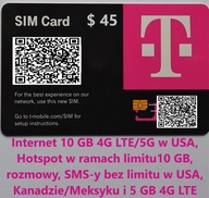 e SIM USA CA/MX T-mobile, 10 GB, HS, rozmowy, SMS bez limitu, plan 45 $