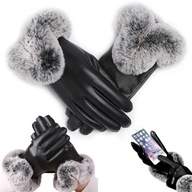 DÁMSKÉ ZIMNÍ DOTYKOVÉ ZATEPLENÉ RUKAVICE S KOŽÍŠKEM, ČERNÁ EKOKŮŽE