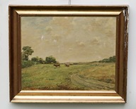 Pejzaż wiejski z krowami na łące - stary obraz olejny z Danii