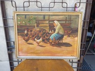 Stary obraz olejny kobieta z kurami wieś podpisany