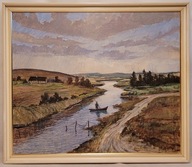 VALDEMAR LEBEL (1891 - 1958) - „ PEJZAŻ Z RZEKĄ ”, stary obraz olejny.