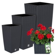 3 db-os VIRÁGTARTÓ KÉSZLET KERTI ERKÉLY VIRÁGTARTÓ RATTAN VIRÁGÁGYÁS ANTRACIT UTÁNTÖLTŐ