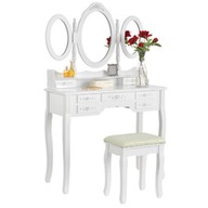 Toaletný stolík biely ELSA 3 zrkadlá 7 zásuviek + taburetka