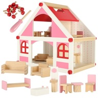 Domek dla lalek drewniany różowy montessori mebelki akcesoria