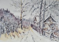 Akwarela Obraz Pejzaż zimowy z domami