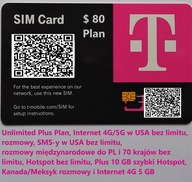 e SIM, USA CA/MX T-mobile, Internet bez limitu, HS, rozm. SMS-y do PL, 80 $