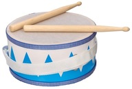 Duży Bębenek drewniany Biało-niebieski z pałeczkami i paskiem Instrument
