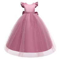 Sukienka na wesele dla dziewczynki różowa długa maxi z kokardą 140