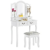 Toaletný stolík biely EMMA 3 zrkadlá 4 zásuvky + taburetka