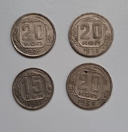 Zesta 4 monet, 20 kopiejek 1935, 1939, 1943 oraz 15 kopiejek 1941 rok ZSRR