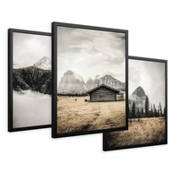 ZESTAW Obrazy w ramie plakaty rustykalna chata góry mgły tryptyk 43x99