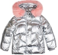 Zimná bunda teplá ružová strieborná metalická kožušinka kapucňa 4/5 104/110