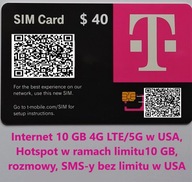 e SIM USA T-mobile 10 GB 4GLTE/5G, rozmowy, SMS bez limitu w USA, plan 40 S