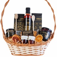 AJÁNDÉKKOSÁR SZETT AJÁNDÉK KOSÁR TEA KÁVÉ MÉZ KARAMELL SZIRUP