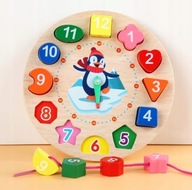 Drewniany zegar puzzle pingwin cyfrowy edukacyjny