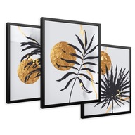 ZESTAW Obrazy w ramie plakaty liście tropikalne złote tryptyk 43x99