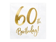 Servítky k 60 narodeninám biele so zlatým nápisom metalizované 33x33/20 ks