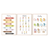 Zestaw 3 plakaty 70x50 MONTESSORI Edukacyjne Alfabet Liczby Różne wzory