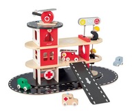Zabawki drewniane - remiza strażacka z 5 akcesoriami dla dzieci 2+, Janod
