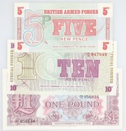 Brytyjskie SZ, 3 banknoty: 1 funt, 10 i 5 pensów.