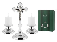 Zestaw kolędowy metalowy srebrny Komplet kolędowy Krzyż i świeczniki chrom