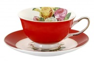 Filiżanka do kawy herbaty porcelanowa ze spodkiem CZERWONA kwiaty 200ml