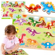 Drewniane Puzzle Montessori Układanka Dinozaury Z Pinezkami Kształty 9 El.