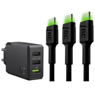 Ładowarka Sieciowa Green Cell 3x USB-A 30W + 3x Kabel LED USB - USB-C 2m