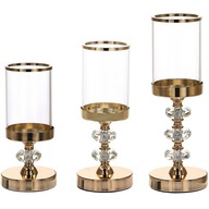 Świecznik złoty metalowy glamour KOMPLET 3szt z szklanym kloszem nowoczesny
